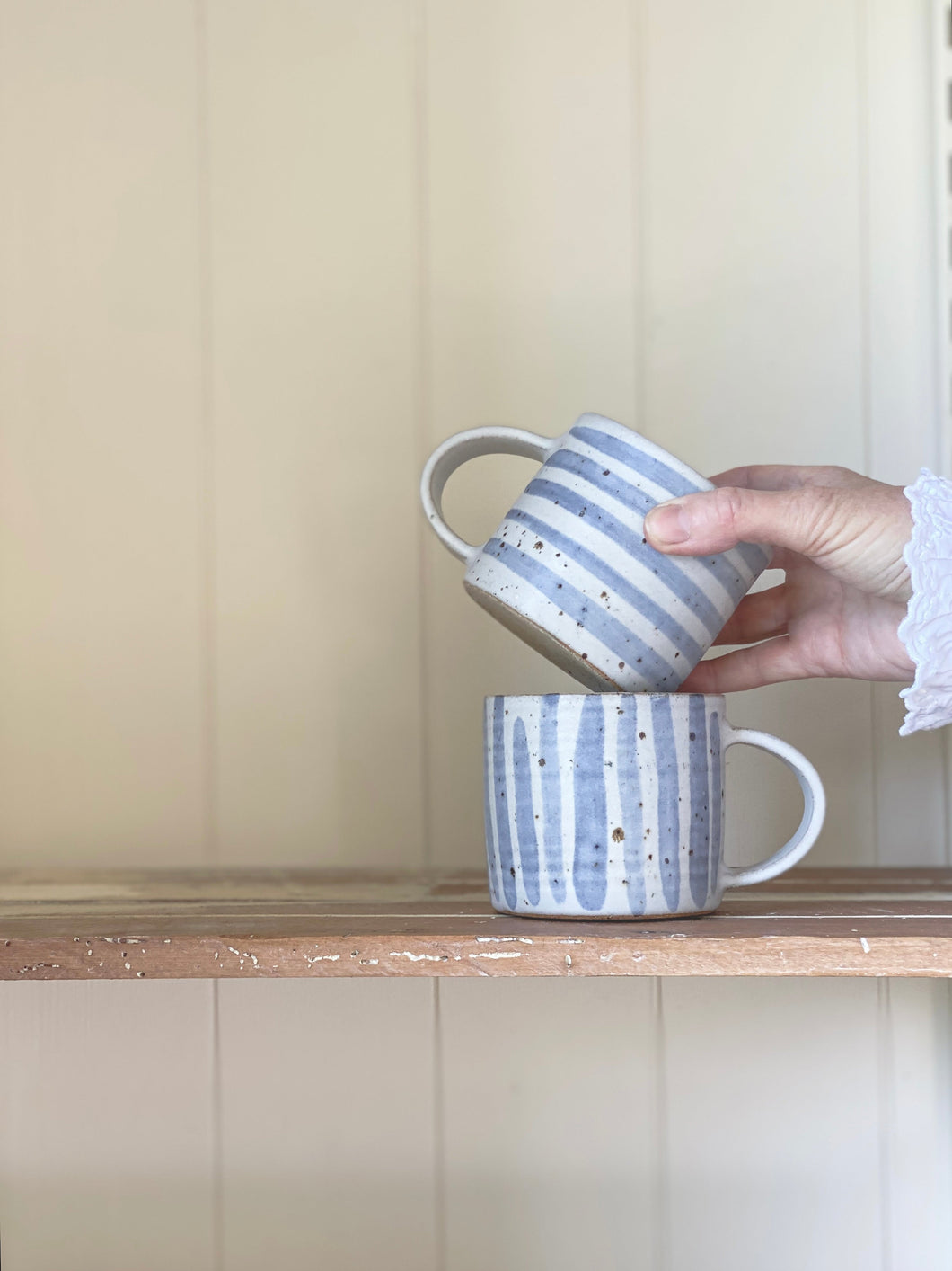 pair of cups - indigo stripe preorders now closed - will reopen after Christmas