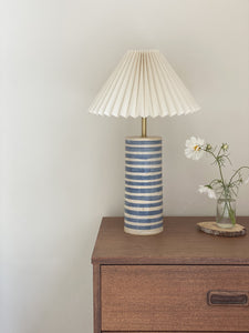 Bespoke Pillar Lamp medium - indigo stripe - rattan shade