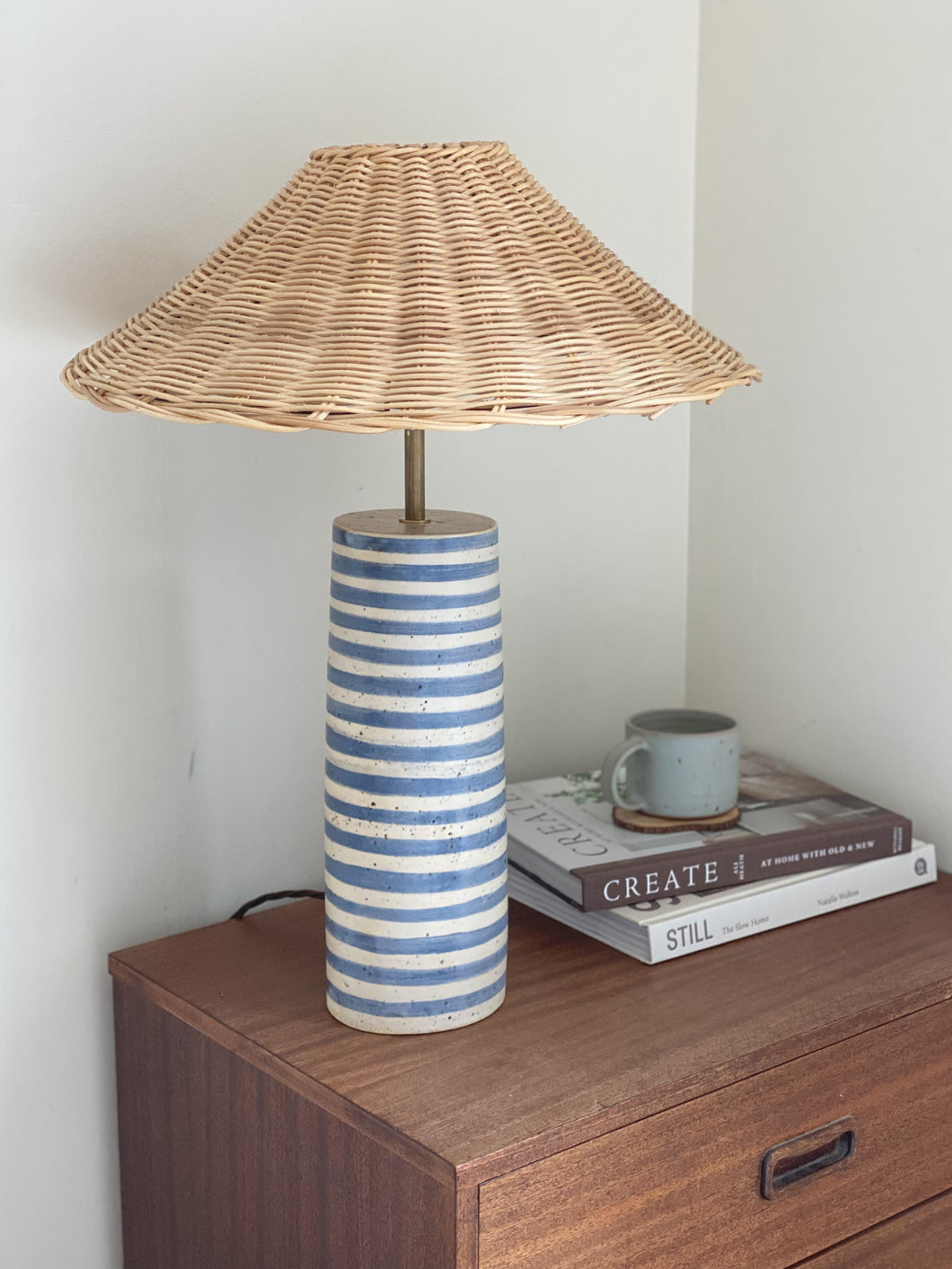 Bespoke Pillar Lamp tall - indigo stripe - rattan shade
