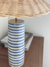 Load image into Gallery viewer, Bespoke Pillar Lamp tall - indigo stripe - rattan shade
