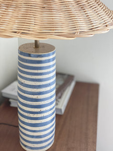 Bespoke Pillar Lamp tall - indigo stripe - rattan shade