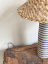 Load image into Gallery viewer, Bespoke Pillar Lamp tall - indigo stripe - rattan shade
