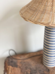 Bespoke Pillar Lamp tall - indigo stripe - rattan shade